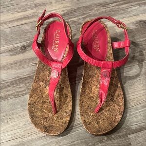 Lauren Ralph Lauren Red Leather Cork Thong Sandals